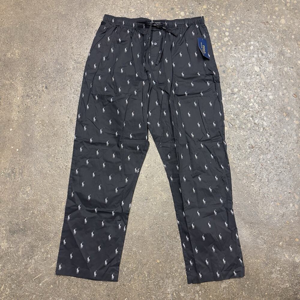 Polo Ralph Lauren Black Pony Print Nylon Sleep Pants Lounge XL Excellent Cond